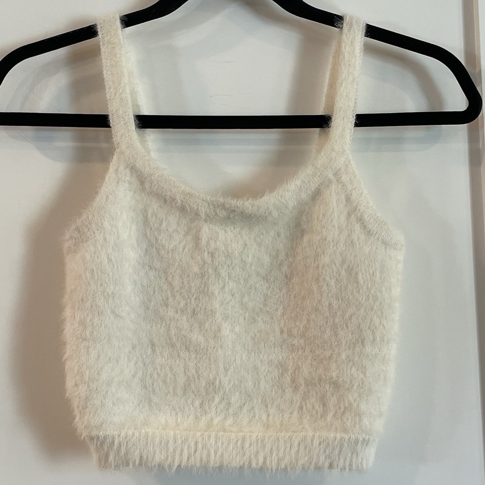 Womens Cropped Bustier Tank Top Beige Faux Fur Sleeveless‎ Pullover S Soft Boho